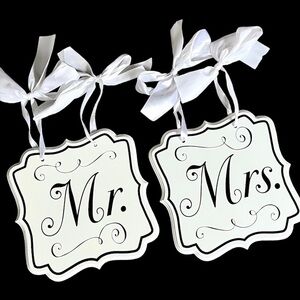 Mr. & Mrs. Wooden Chair Signs for Wedding Reception or Party - White Black